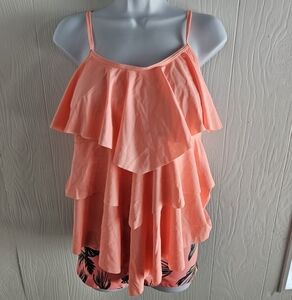 Peach Layered Ruffle Swim Top With Tropical Swim Shorts 2XL